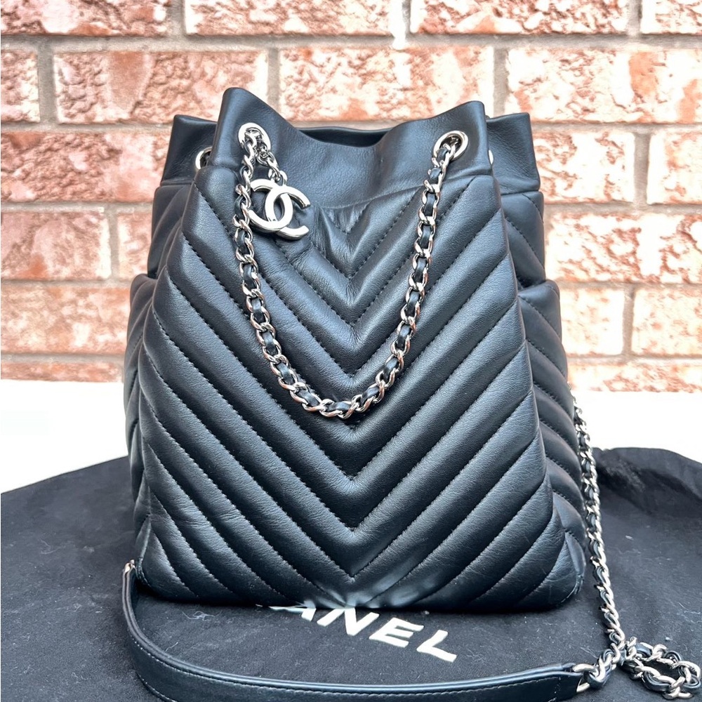 Chanel Chevron Urban Spirit Drawstring Bucket Small Backpack Black